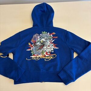 Ed Hardy Women's Size L Cobalt Blue F/Z Tiger Lotus Hoodie Cropped Sweatshirt